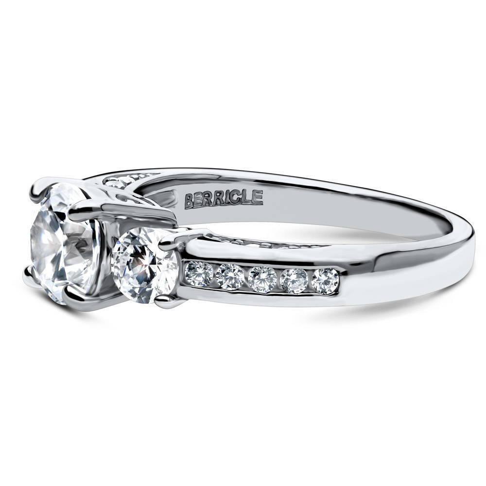 Angle view of 3-Stone Round CZ Ring in Sterling Silver