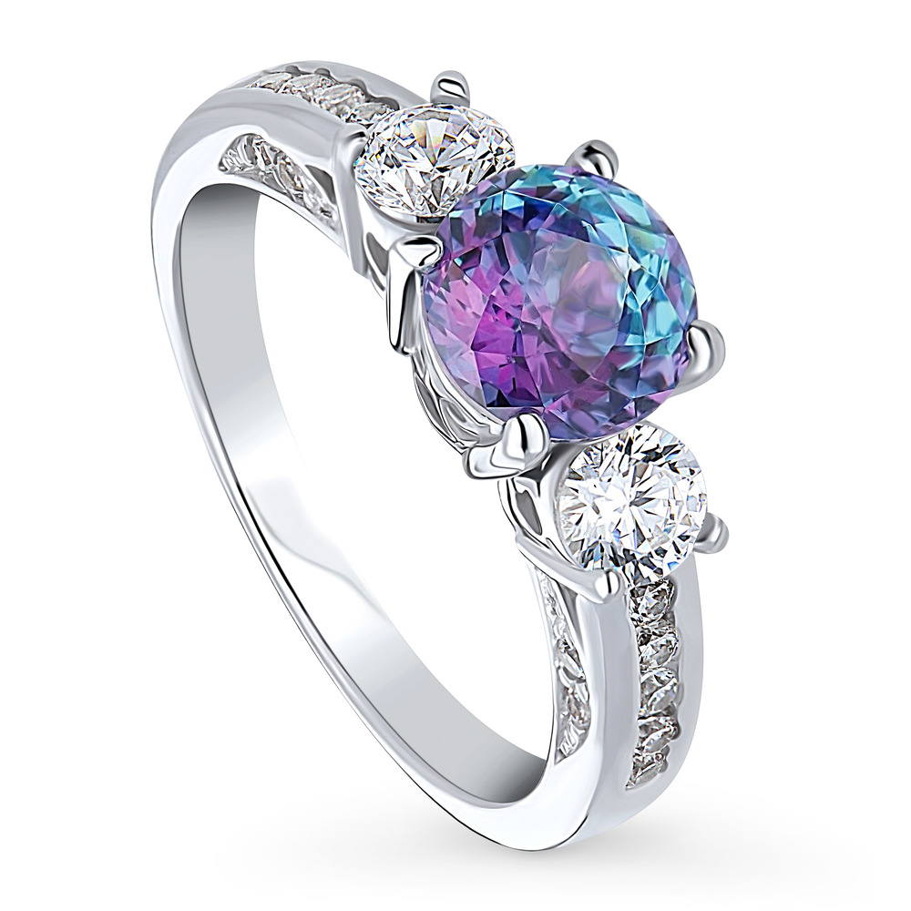 Front view of 3-Stone Kaleidoscope Purple Aqua Round CZ Ring in Sterling Silver
