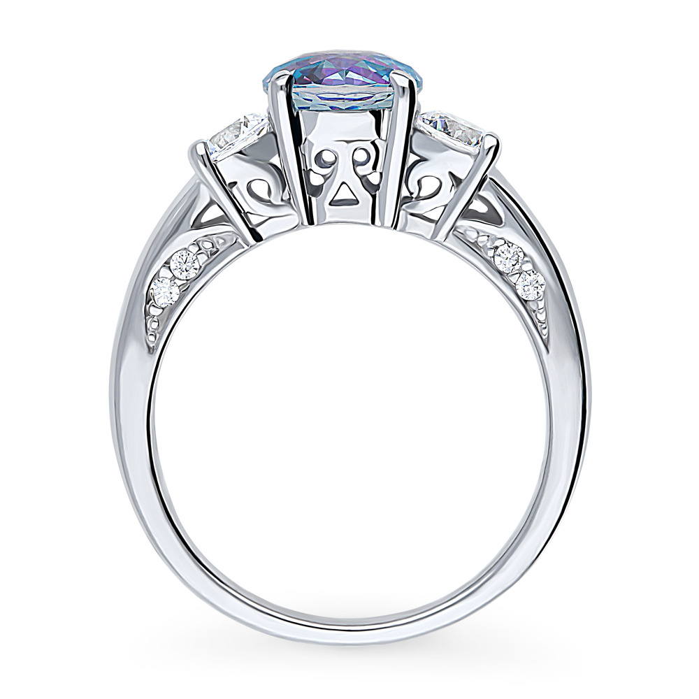 3-Stone Kaleidoscope Purple Aqua Round CZ Ring in Sterling Silver