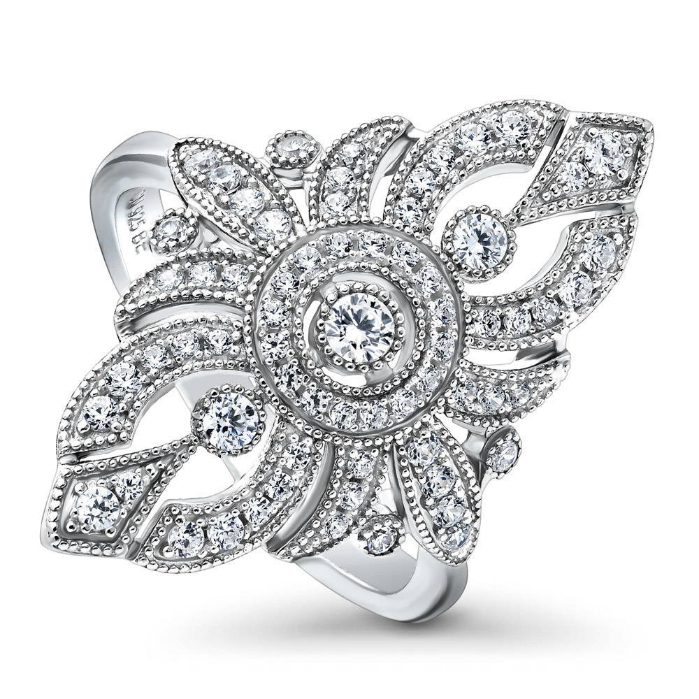 Front view of Navette Art Deco CZ Statement Ring in Sterling Silver