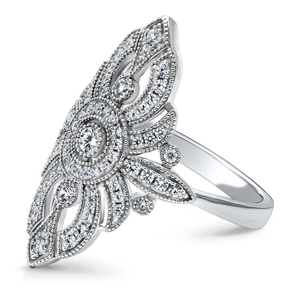 Angle view of Navette Art Deco CZ Statement Ring in Sterling Silver