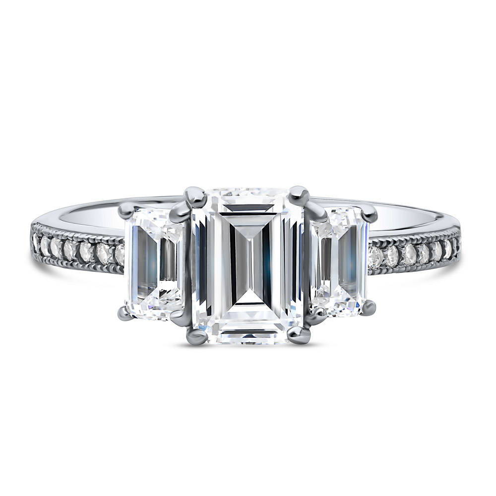 3-Stone Emerald Cut CZ Ring in Sterling Silver, 1 of 7