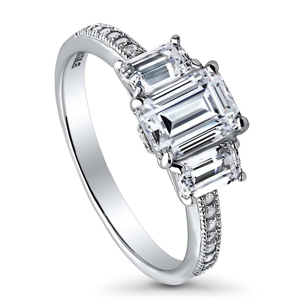 Front view of 3-Stone Emerald Cut CZ Ring in Sterling Silver, 4 of 7