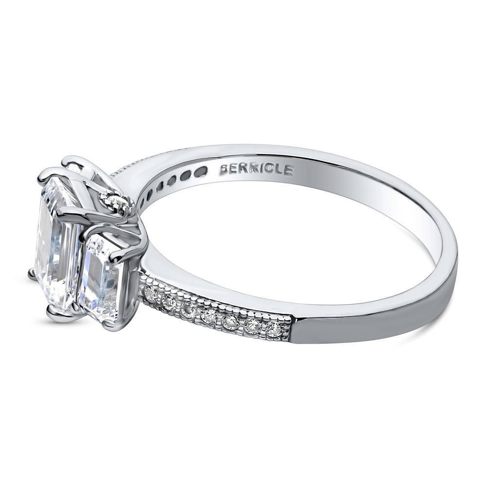 Angle view of 3-Stone Emerald Cut CZ Ring in Sterling Silver, 5 of 7