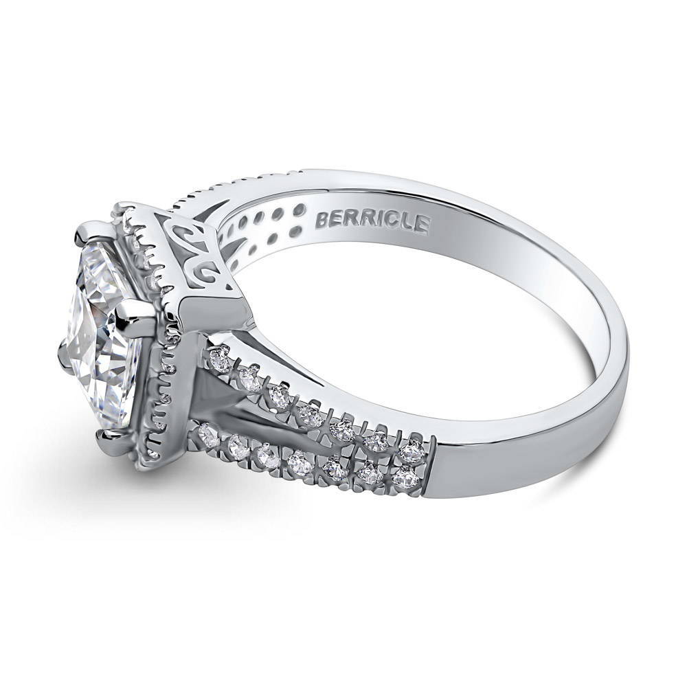 Halo Princess CZ Split Shank Ring in Sterling Silver