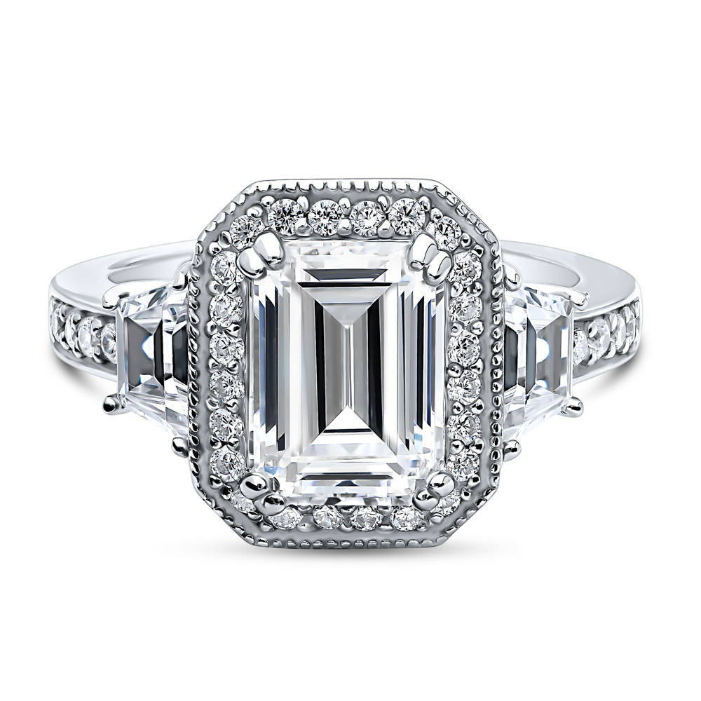 Halo Emerald Cut CZ Statement Ring in Sterling Silver, 1 of 8