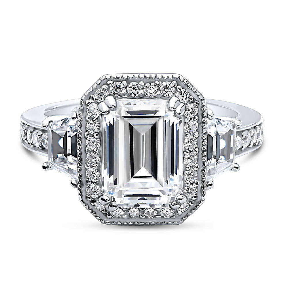 Halo Emerald Cut CZ Statement Ring in Sterling Silver