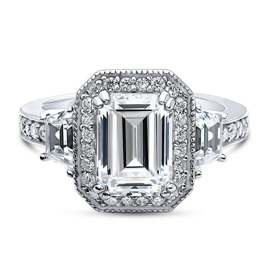 Halo Emerald Cut CZ Statement Ring in Sterling Silver