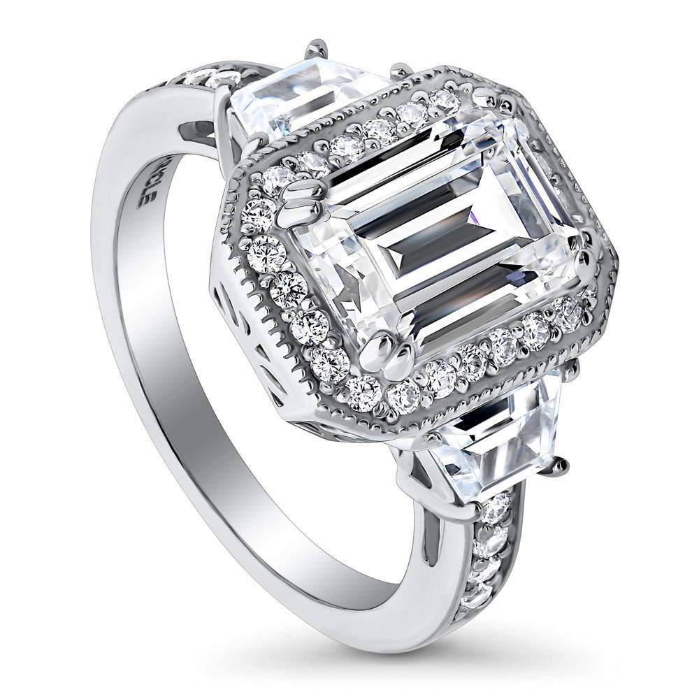 Front view of Halo Emerald Cut CZ Statement Ring in Sterling Silver, 4 of 8