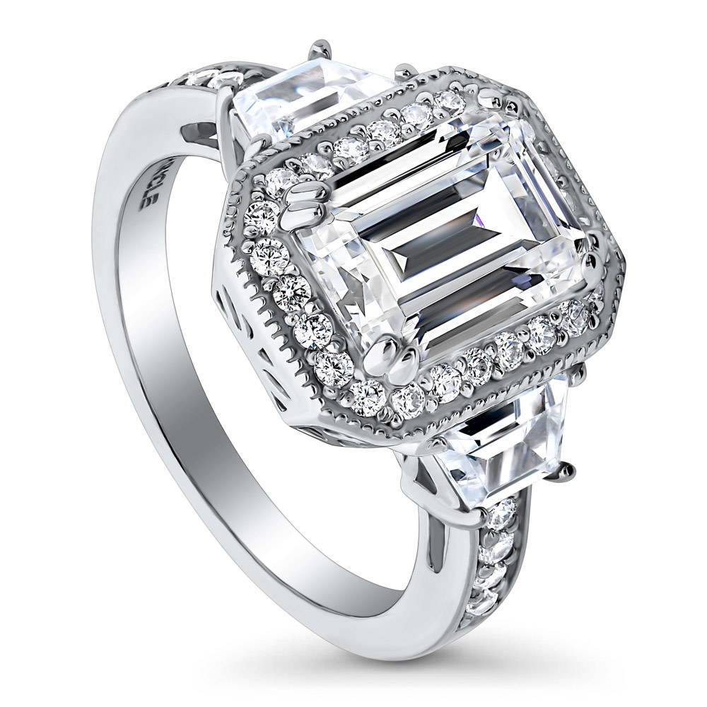 Halo Emerald Cut CZ Statement Ring in Sterling Silver