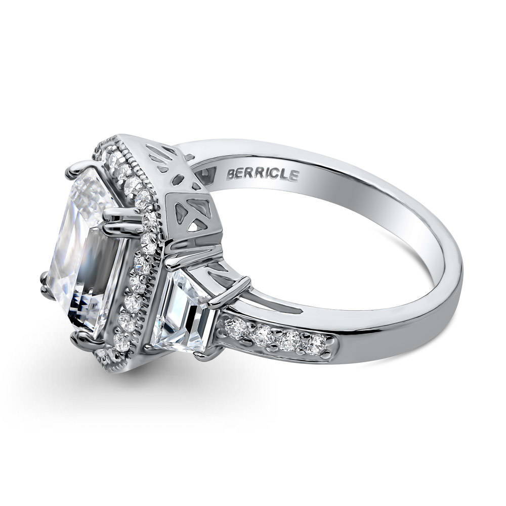 Angle view of Halo Emerald Cut CZ Statement Ring in Sterling Silver, 5 of 8