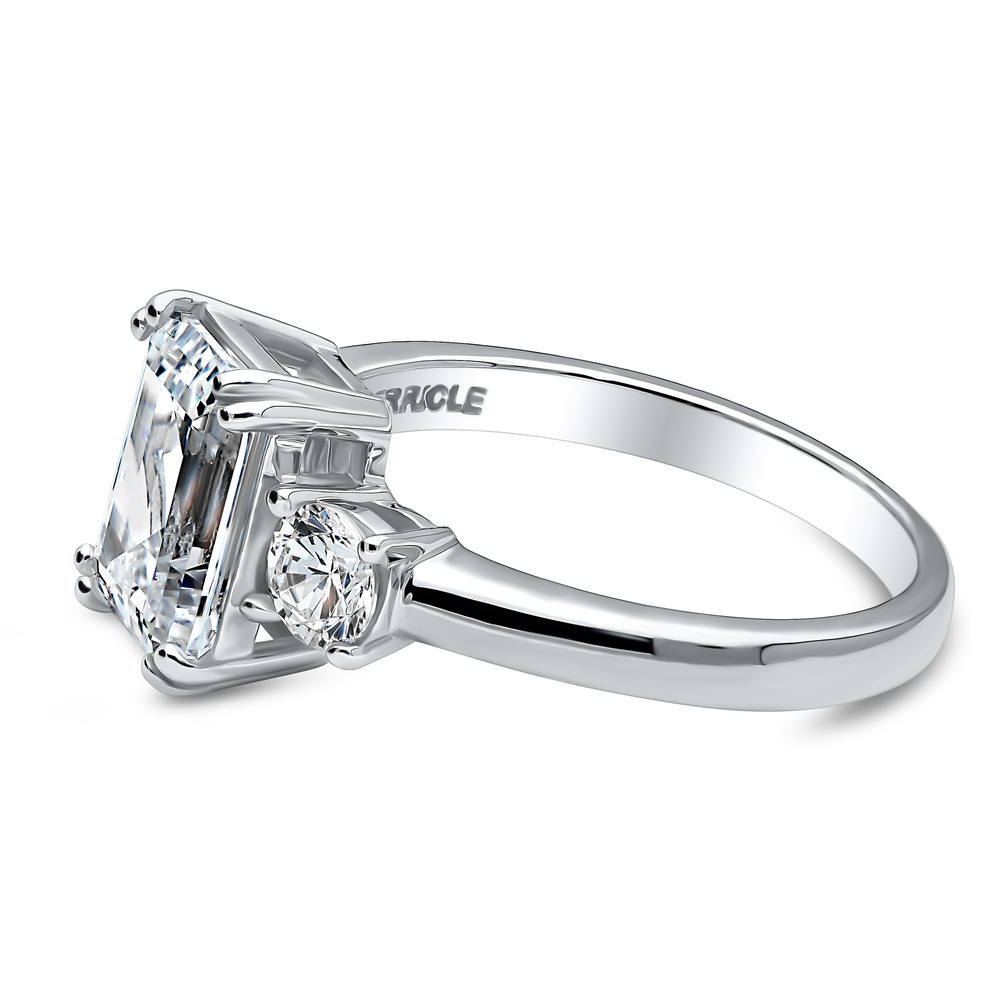 Angle view of 3-Stone Emerald Cut CZ Ring in Sterling Silver