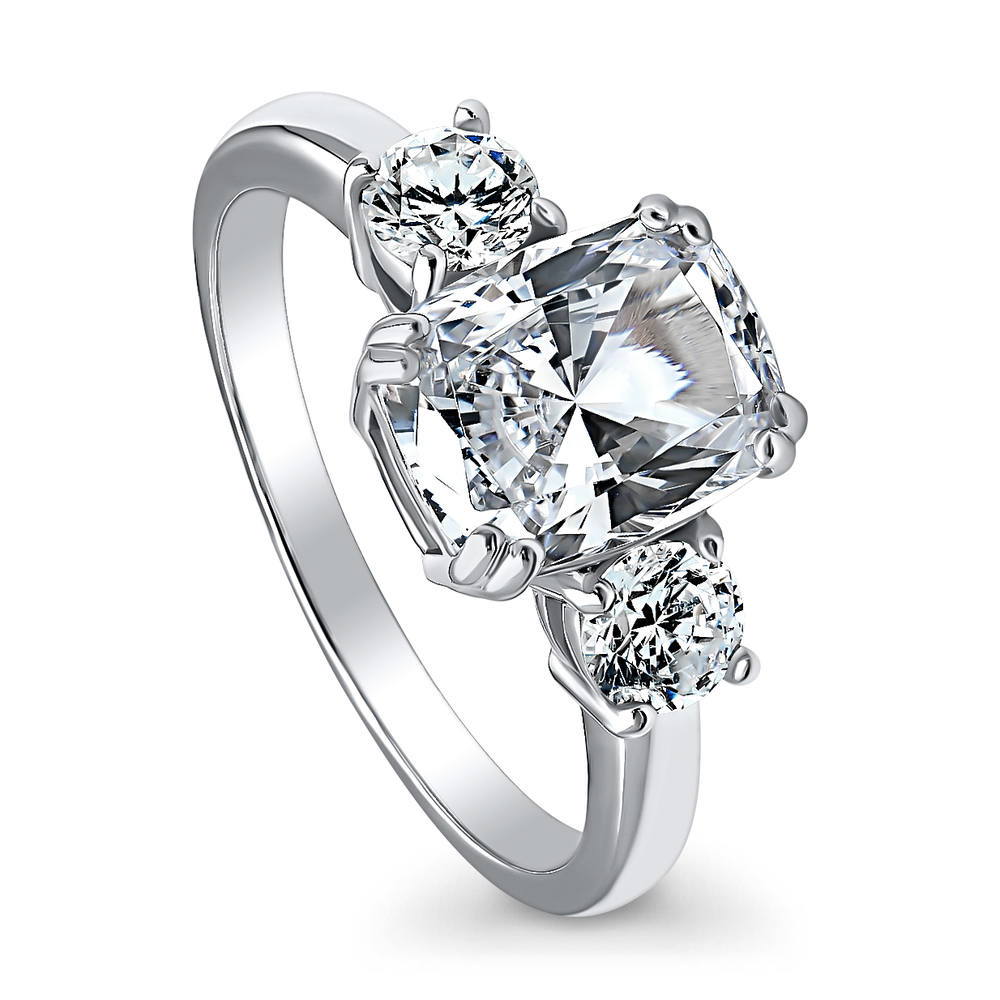 Front view of 3-Stone Cushion CZ Ring in Sterling Silver