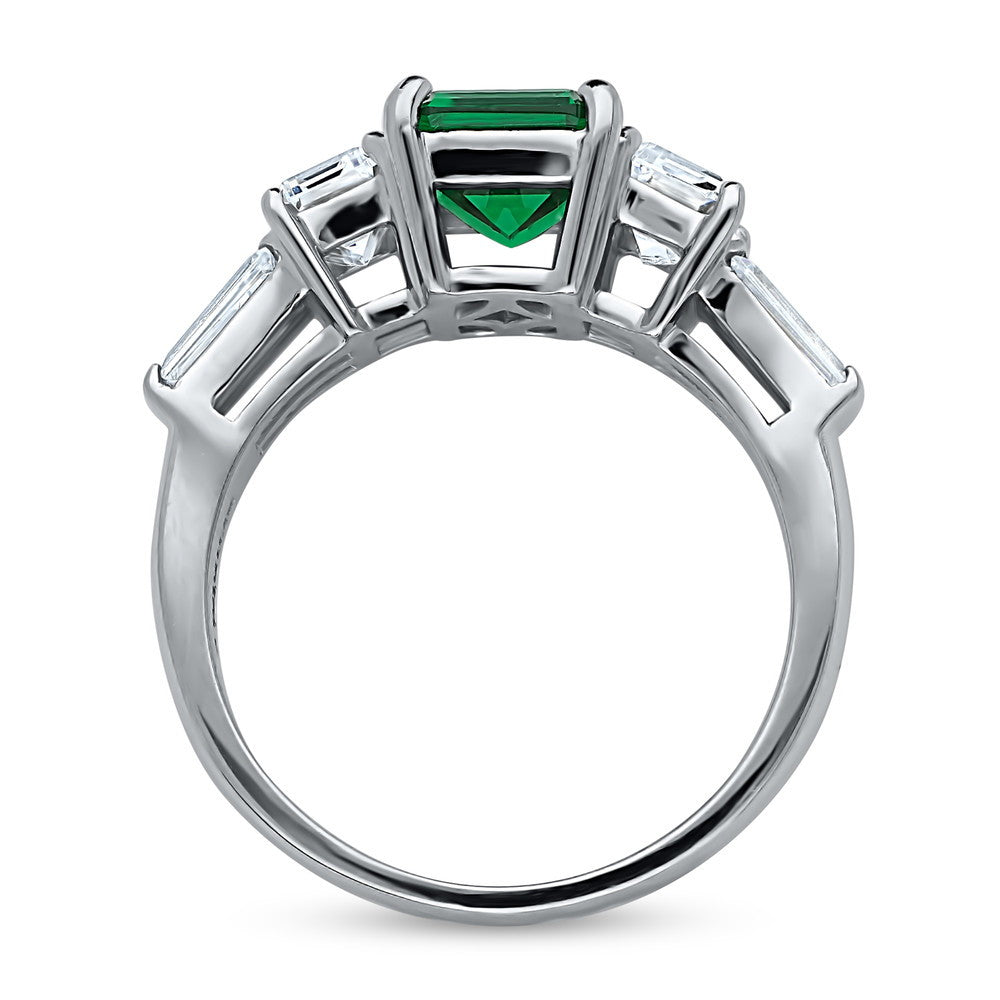 3-Stone Emerald-Green Emerald Cut CZ Ring in Sterling Silver