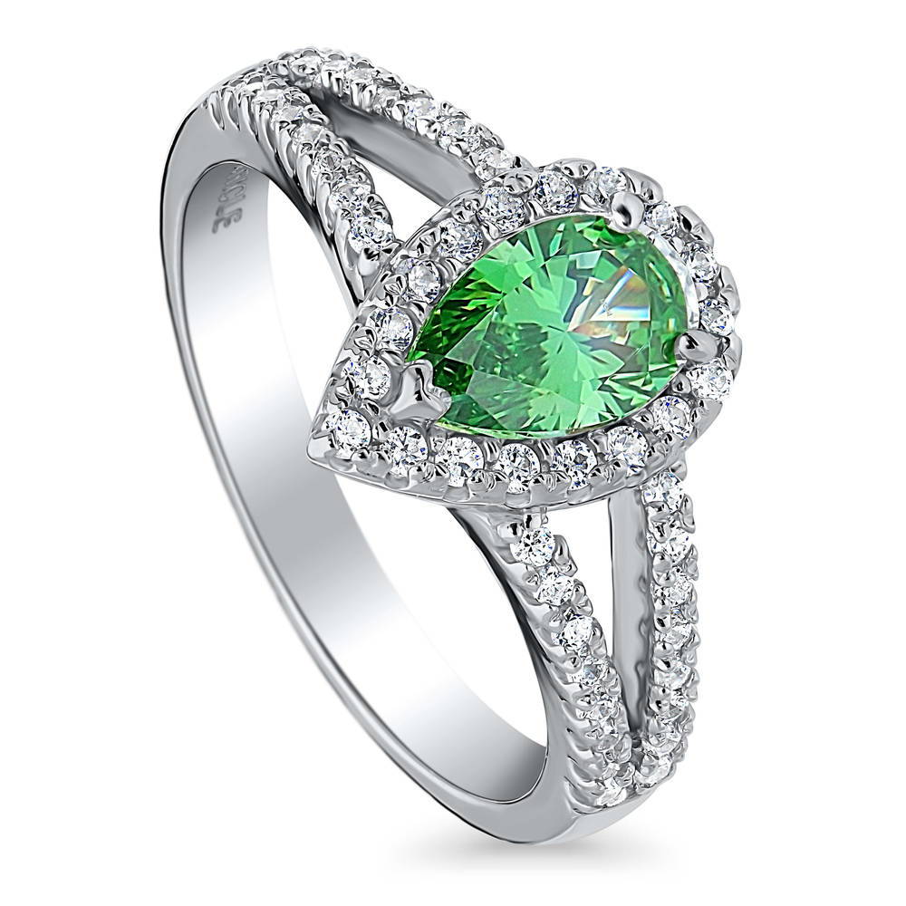 Front view of Halo Green Pear CZ Split Shank Ring in Sterling Silver, 4 of 9