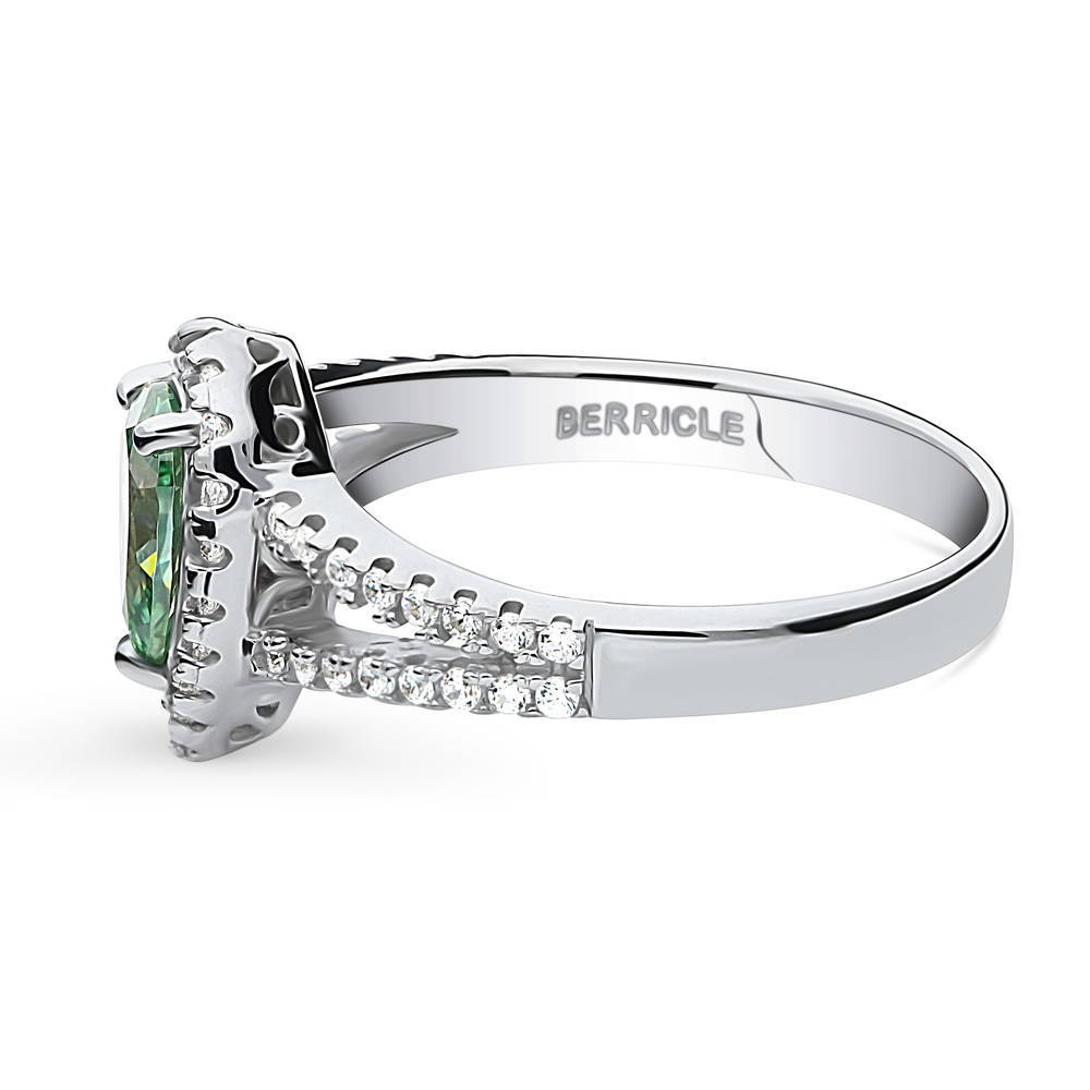 Halo Green Pear CZ Split Shank Ring in Sterling Silver