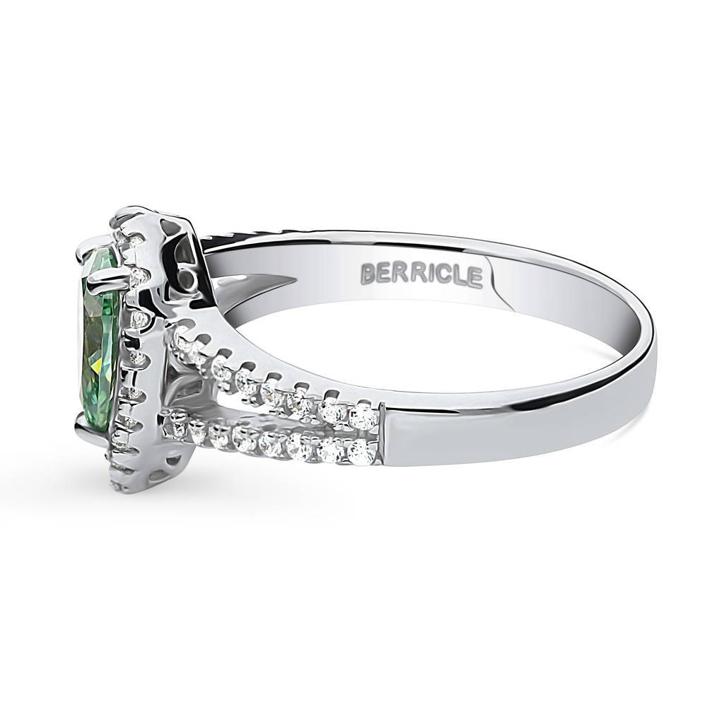 Angle view of Halo Green Pear CZ Split Shank Ring in Sterling Silver, 5 of 9