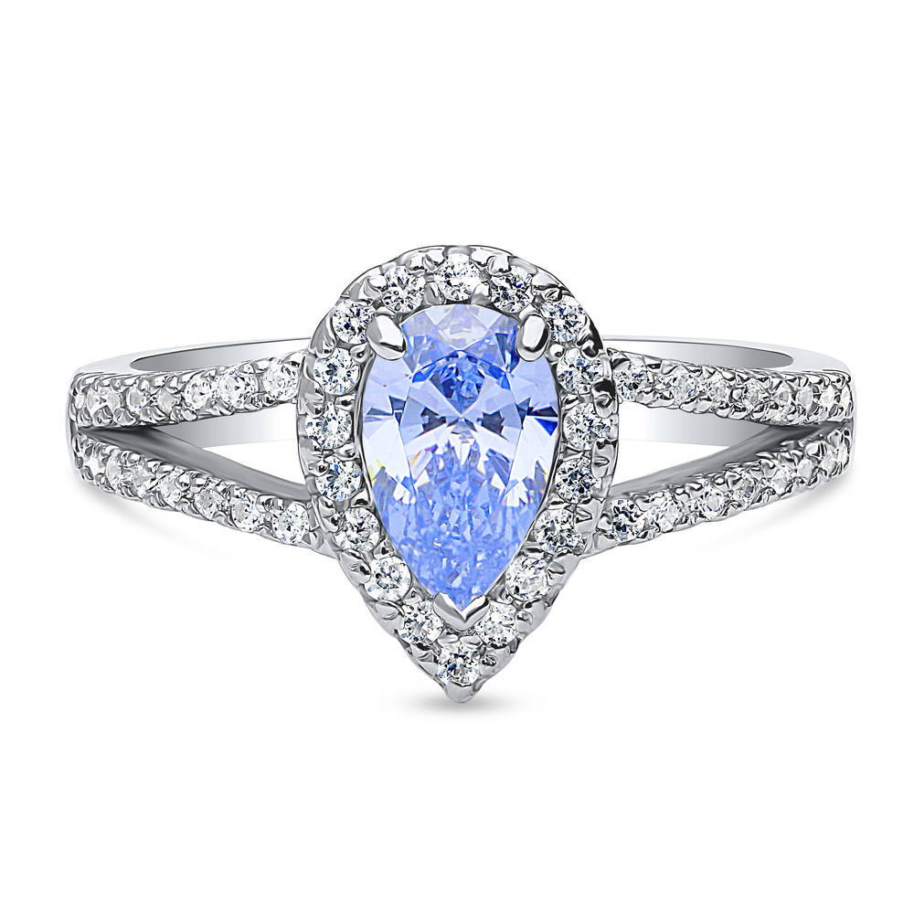 Halo Blue Pear CZ Split Shank Ring in Sterling Silver