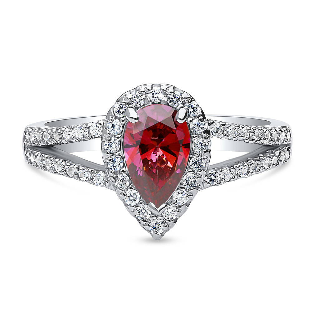 Halo Red Pear CZ Split Shank Ring in Sterling Silver