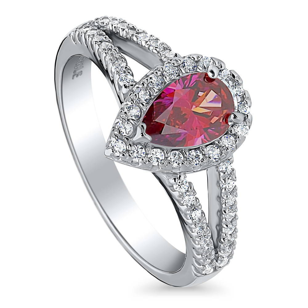 Halo Red Pear CZ Split Shank Ring in Sterling Silver