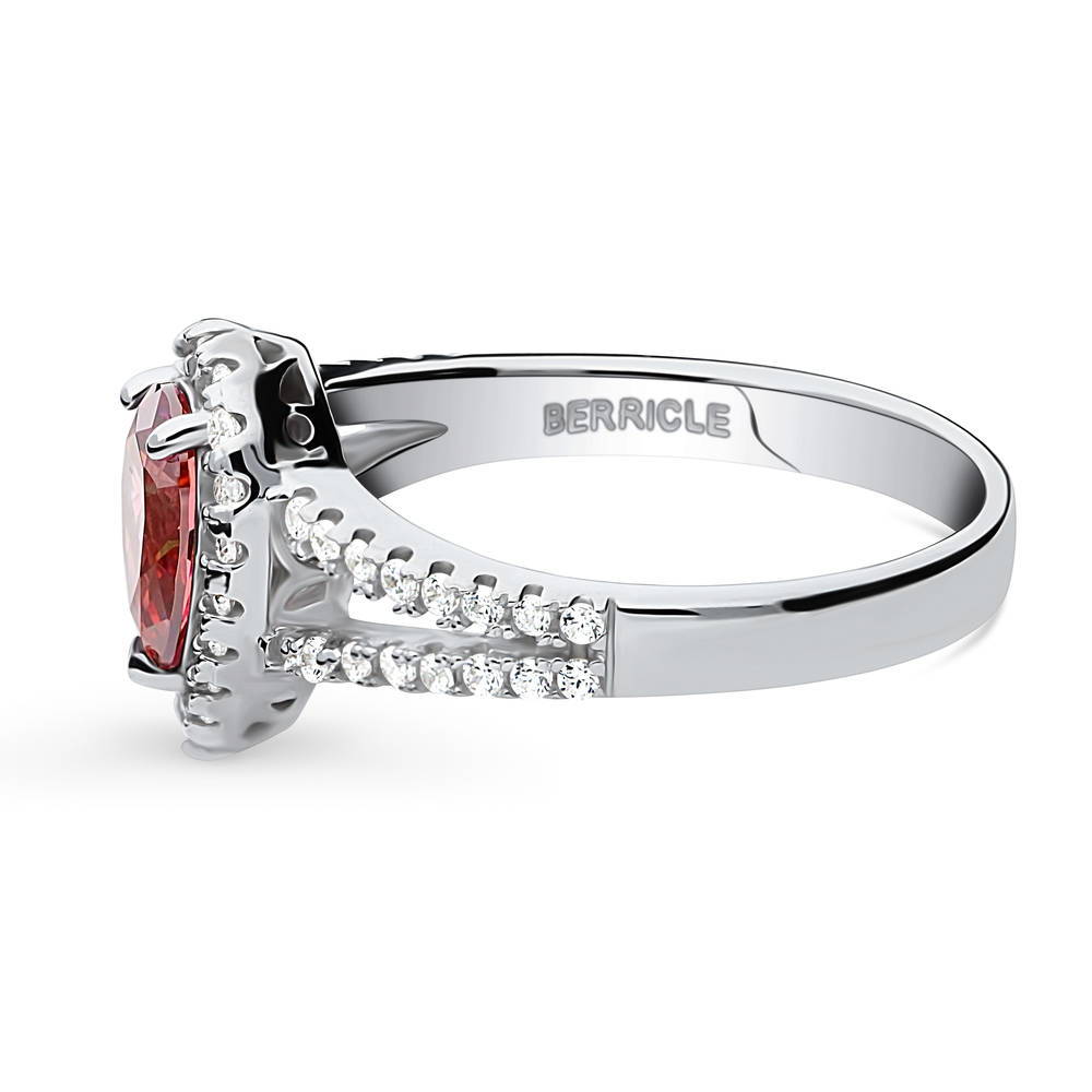 Halo Red Pear CZ Split Shank Ring in Sterling Silver