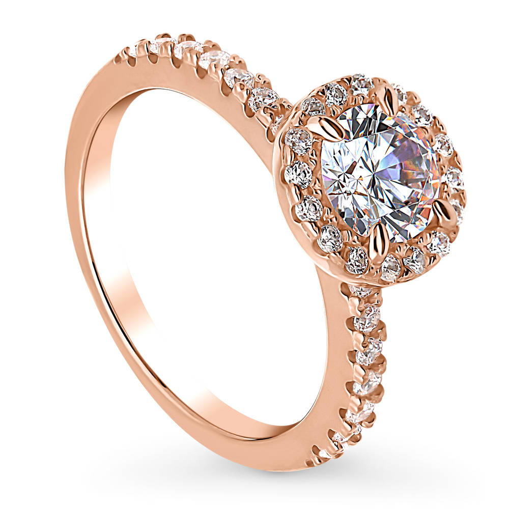 Front view of Halo Round CZ Ring in Rose Gold Plated Sterling Silver