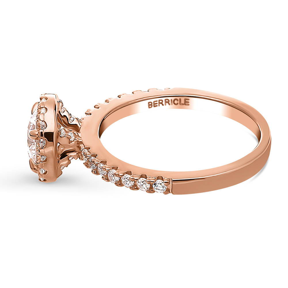Angle view of Halo Round CZ Ring in Rose Gold Plated Sterling Silver