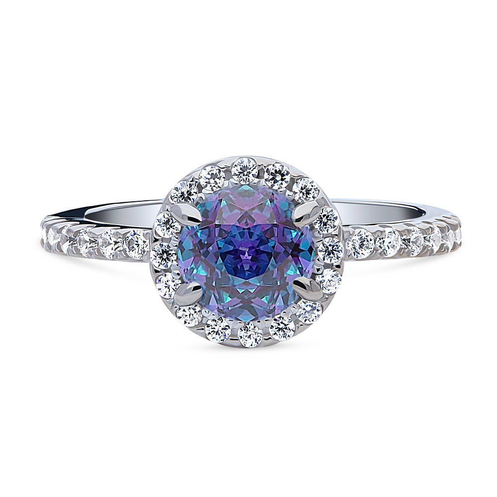 Halo Kaleidoscope Purple Aqua Round CZ Ring in Sterling Silver