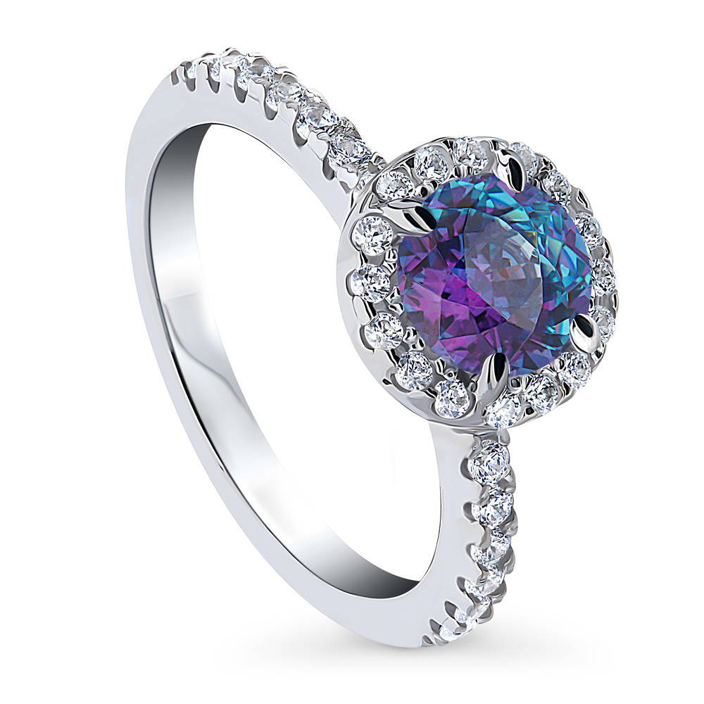 Front view of Halo Kaleidoscope Purple Aqua Round CZ Ring in Sterling Silver