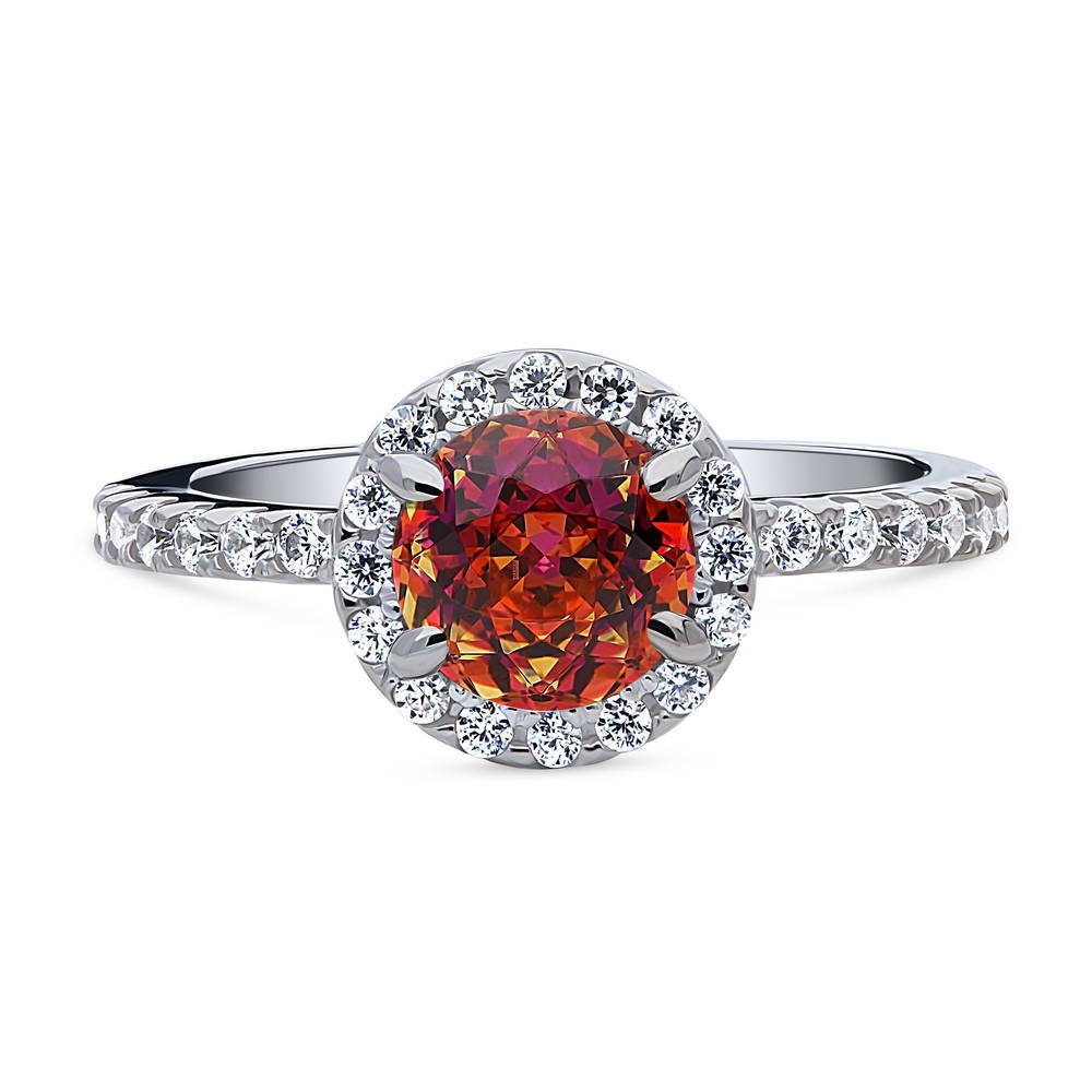 Halo Kaleidoscope Red Orange Round CZ Ring in Sterling Silver