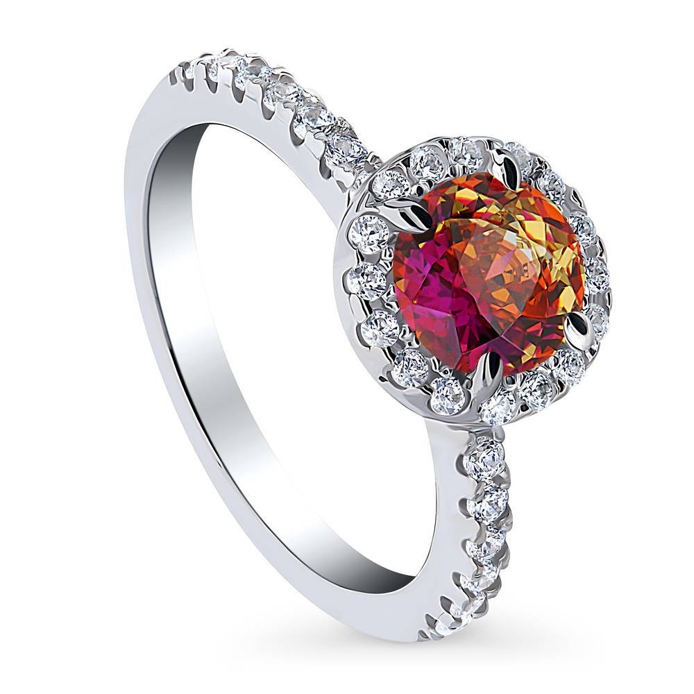 Front view of Halo Kaleidoscope Red Orange Round CZ Ring in Sterling Silver