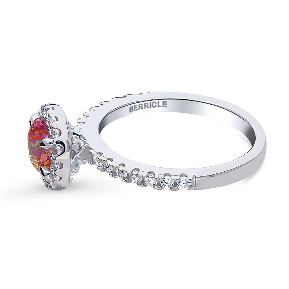 Angle view of Halo Kaleidoscope Red Orange Round CZ Ring in Sterling Silver