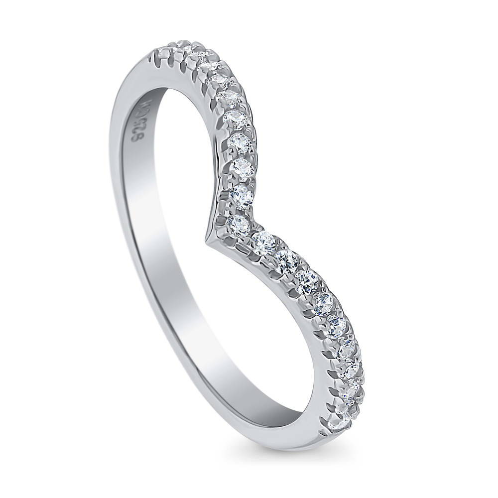 Wishbone CZ Curved Half Eternity Ring in Sterling Silver, front view