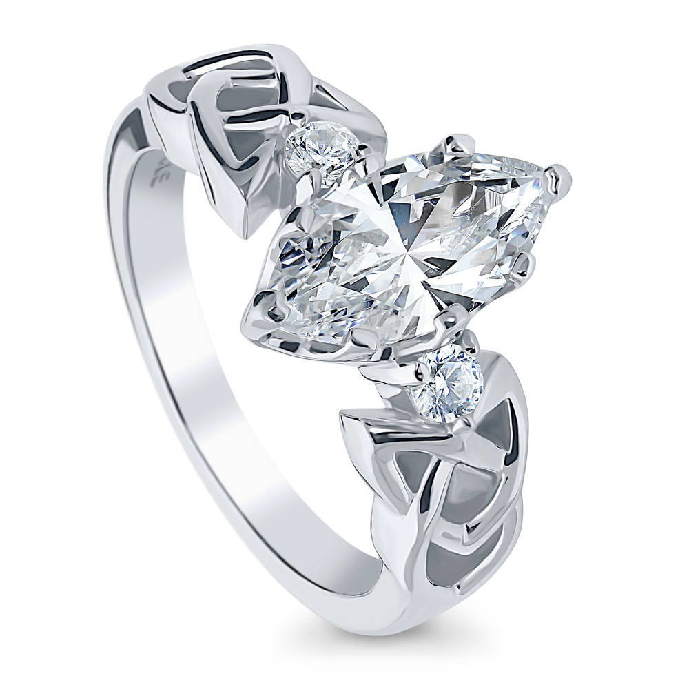 Front view of Celtic Knot 3-Stone CZ Ring in Sterling Silver