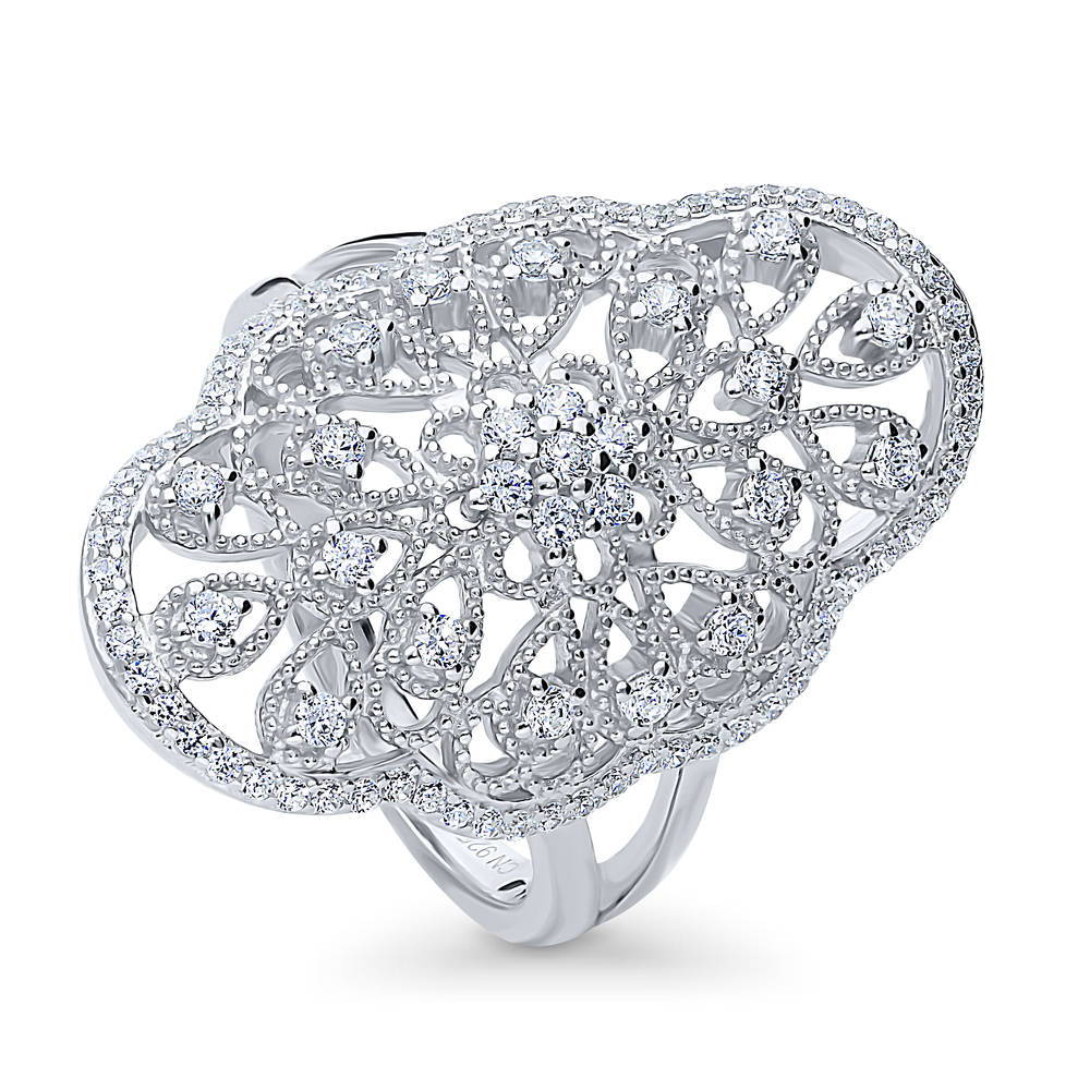 Front view of Flower Navette CZ Statement Ring in Sterling Silver