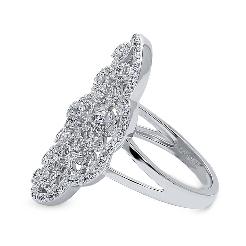 Flower Navette Art Deco Filigree CZ Ring in Sterling Silver