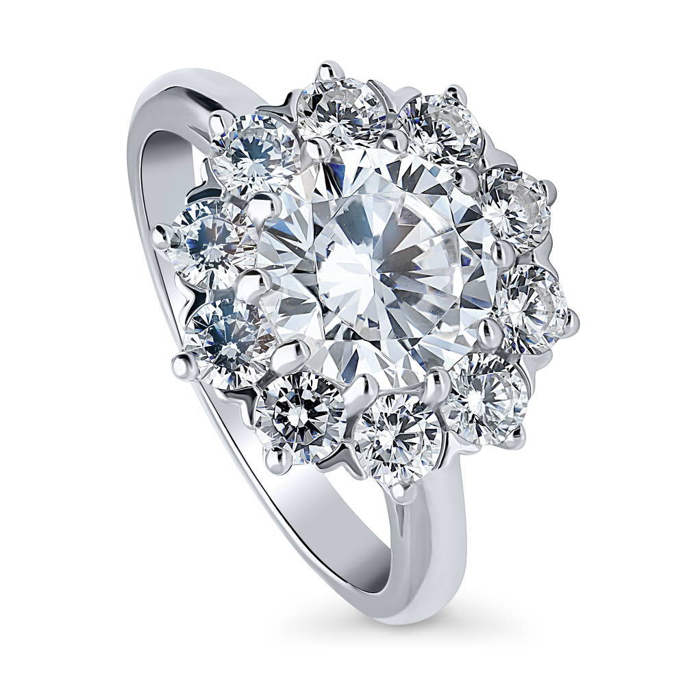 Front view of Flower Halo CZ Statement Ring in Sterling Silver