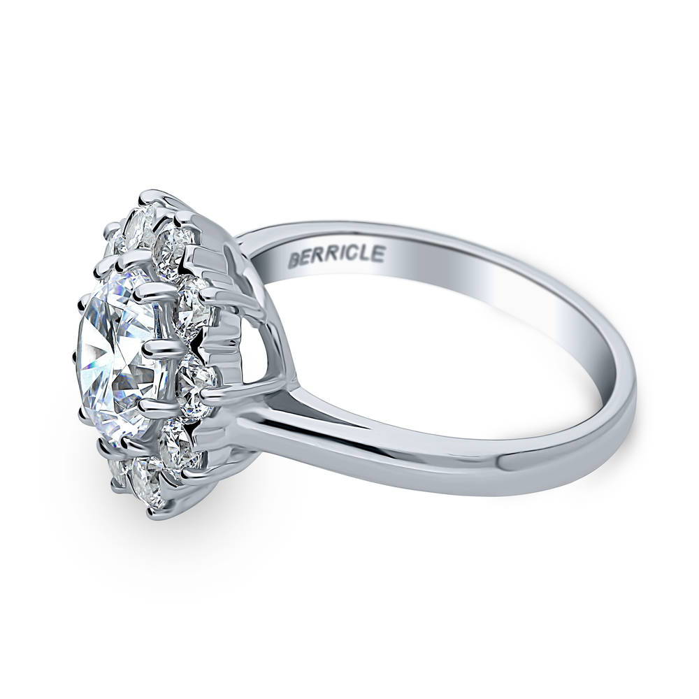 Angle view of Flower Halo CZ Statement Ring in Sterling Silver