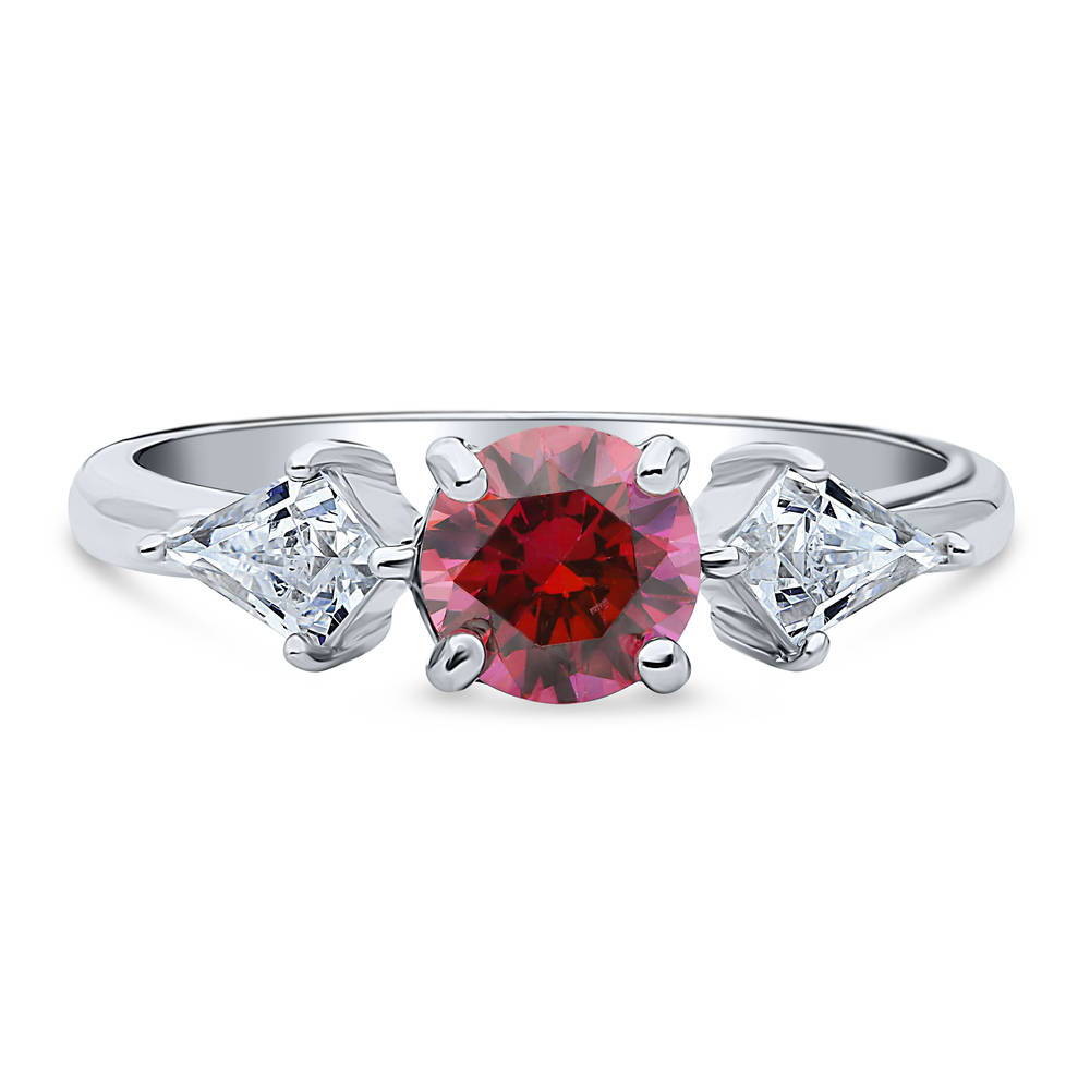 3-Stone Red Round CZ Ring in Sterling Silver