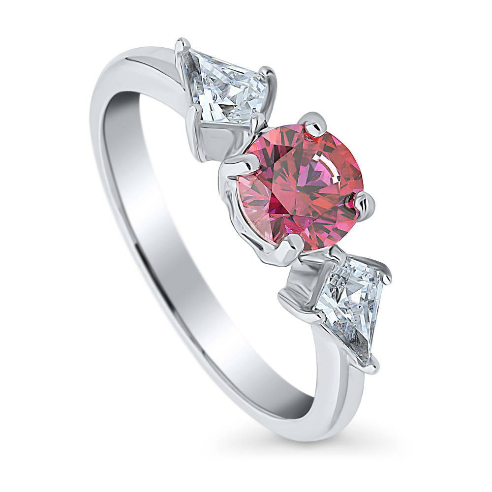 Front view of 3-Stone Red Round CZ Ring in Sterling Silver, 4 of 8
