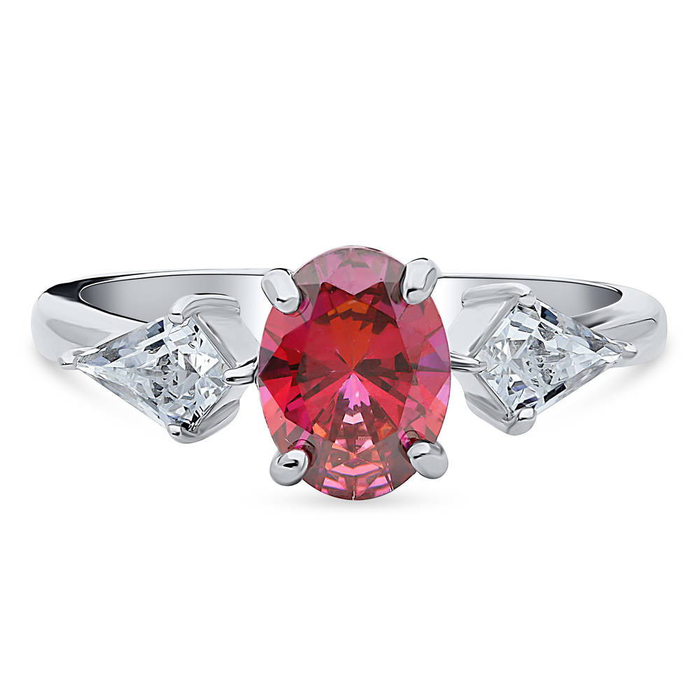 3-Stone Red Oval CZ Ring in Sterling Silver