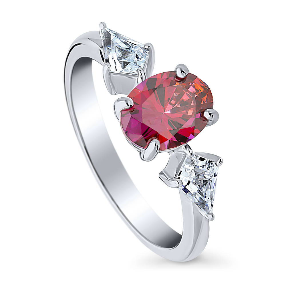 Front view of 3-Stone Red Oval CZ Ring in Sterling Silver