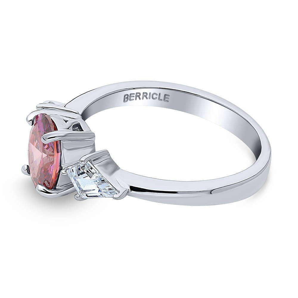 Angle view of 3-Stone Red Oval CZ Ring in Sterling Silver, 5 of 8