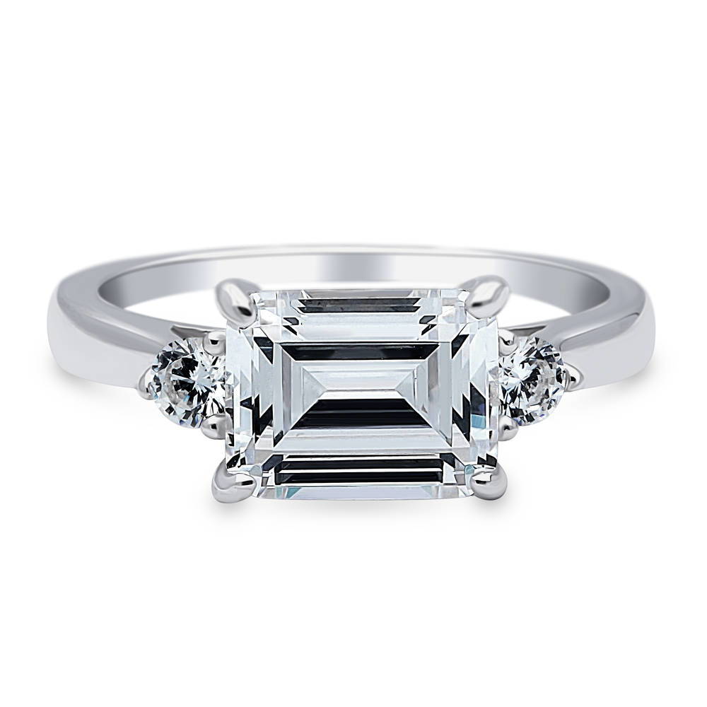 3-Stone East-West Emerald Cut CZ Ring in Sterling Silver, 1 of 8