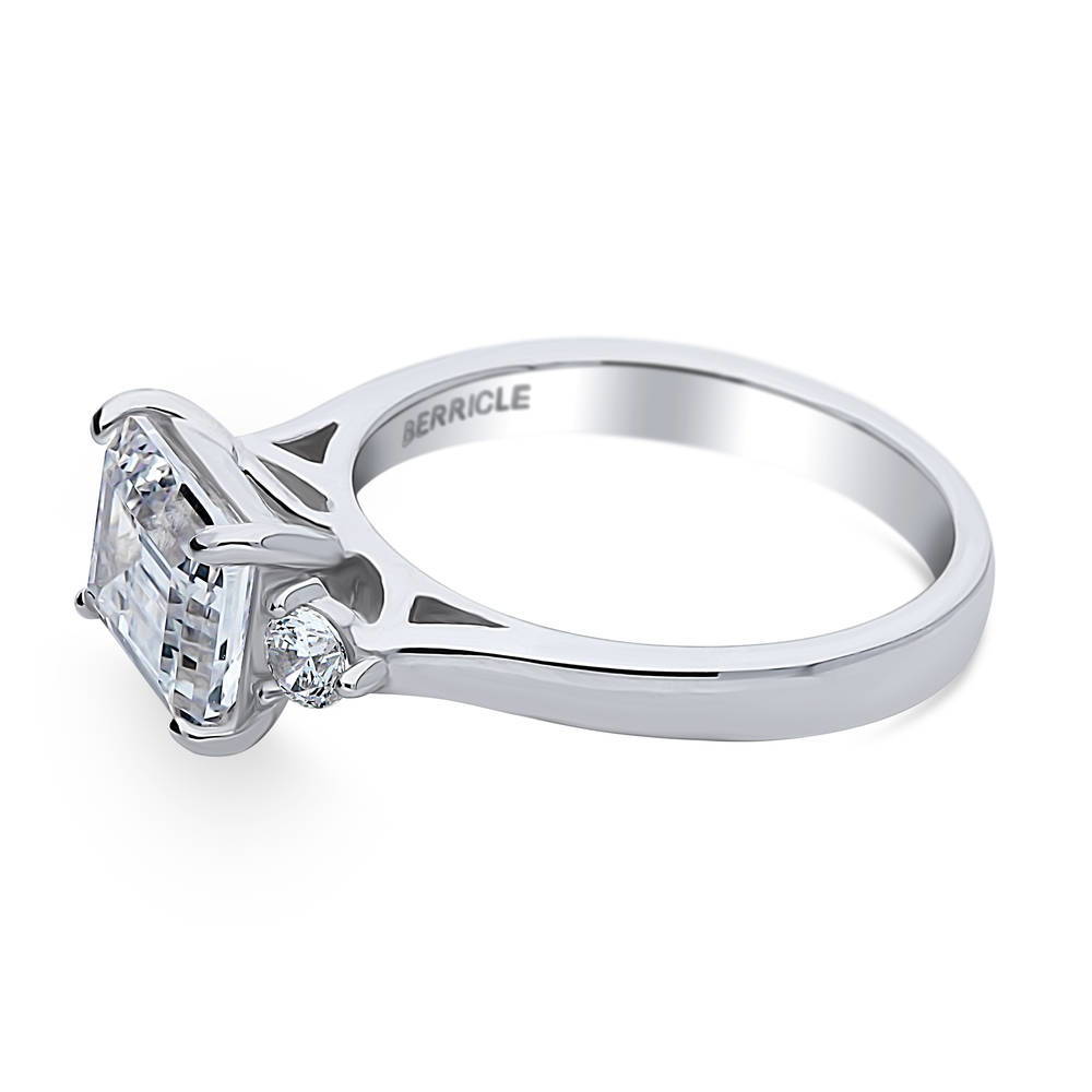 Angle view of 3-Stone East-West Emerald Cut CZ Ring in Sterling Silver, 5 of 8
