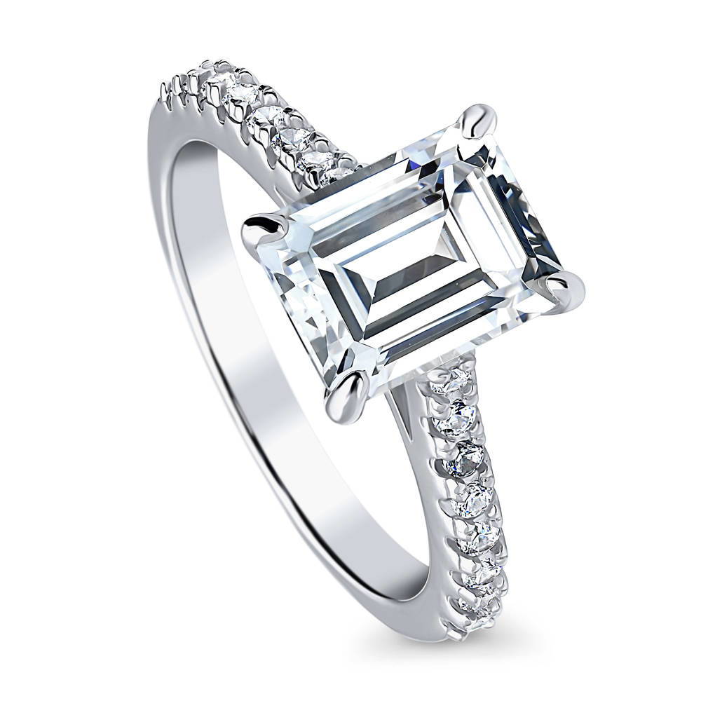 Front view of Solitaire 2.6ct Emerald Cut CZ Ring in Sterling Silver