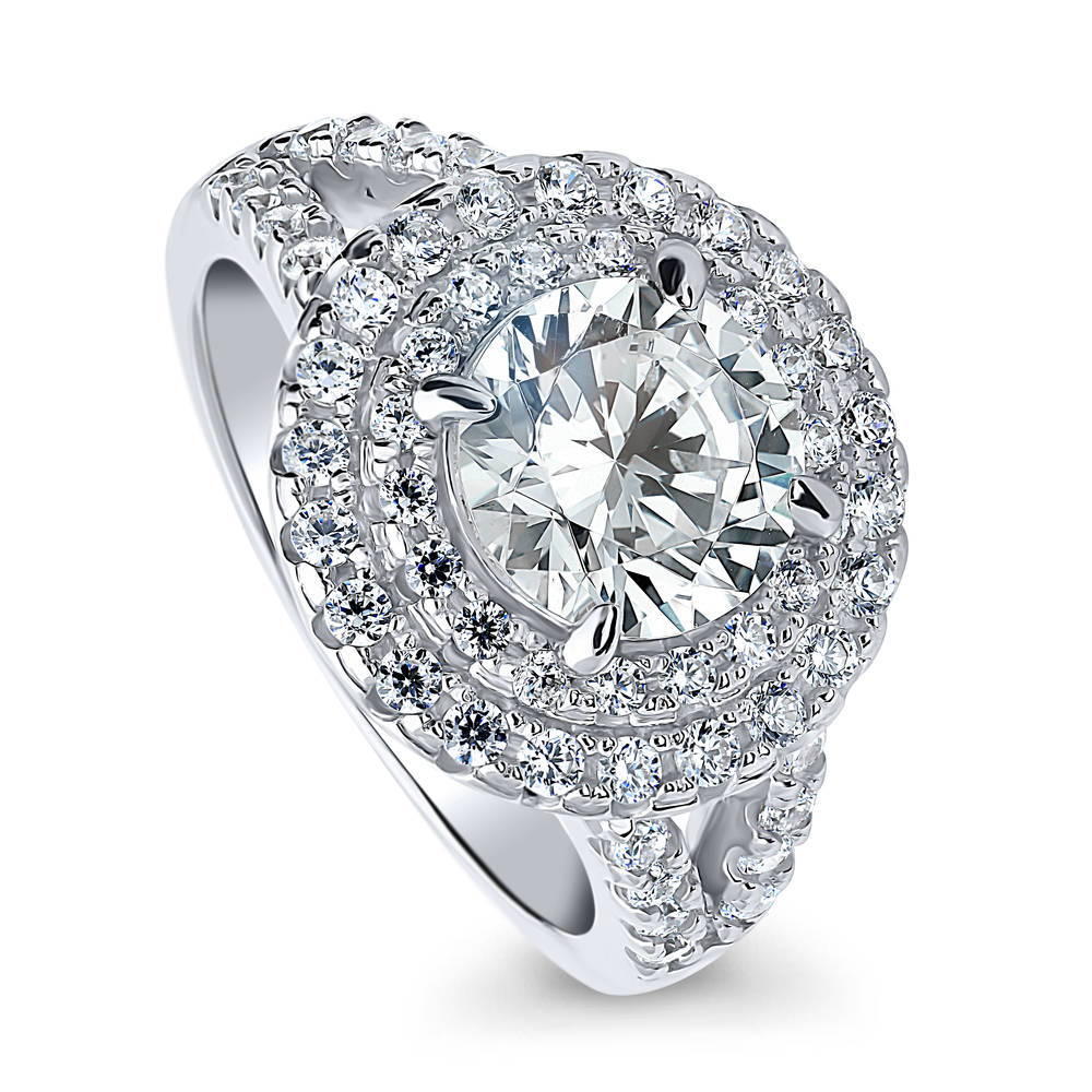 Front view of Halo Round CZ Statement Split Shank Ring in Sterling Silver