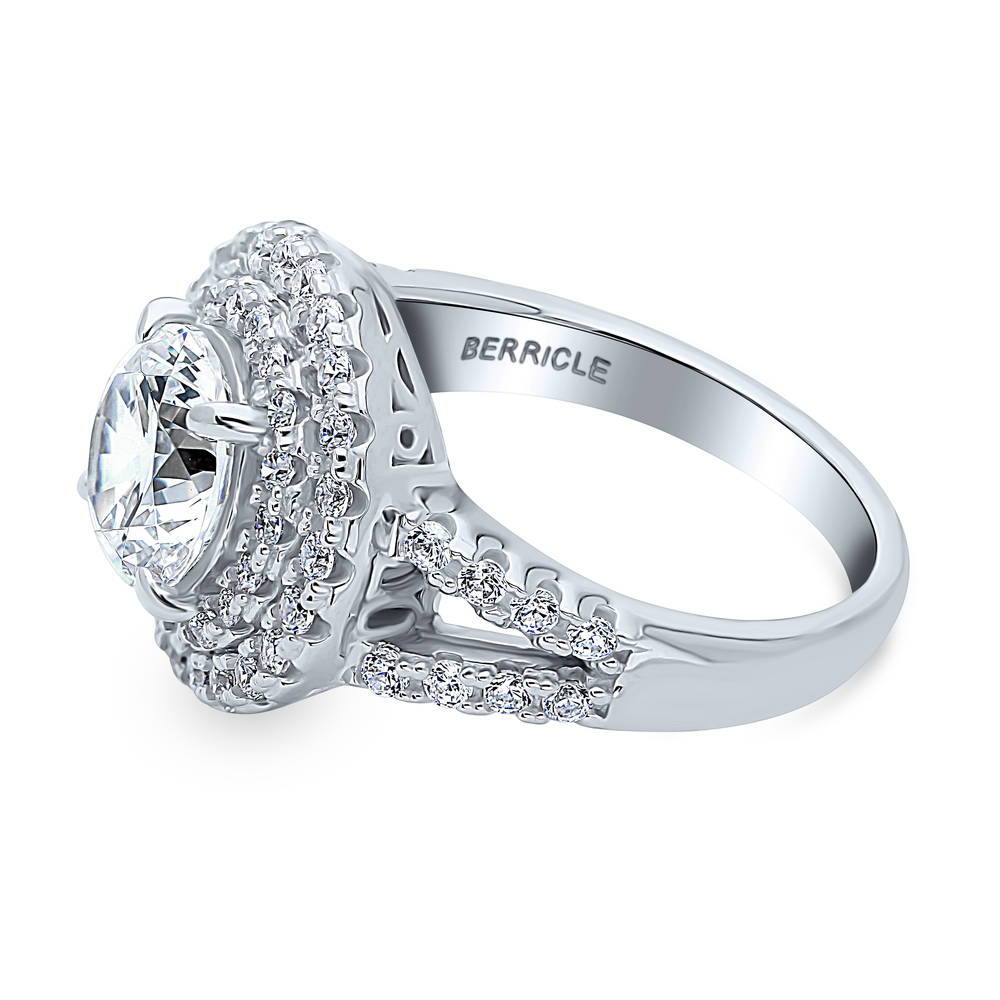 Angle view of Halo Round CZ Statement Split Shank Ring in Sterling Silver