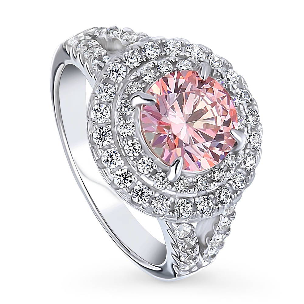 Front view of Halo Morganite Color Round CZ Split Shank Ring in Sterling Silver