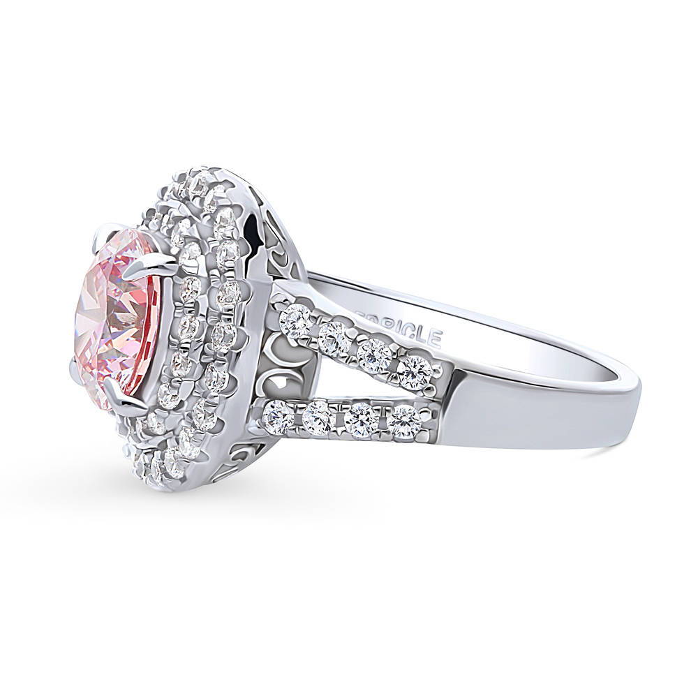 Angle view of Halo Morganite Color Round CZ Split Shank Ring in Sterling Silver
